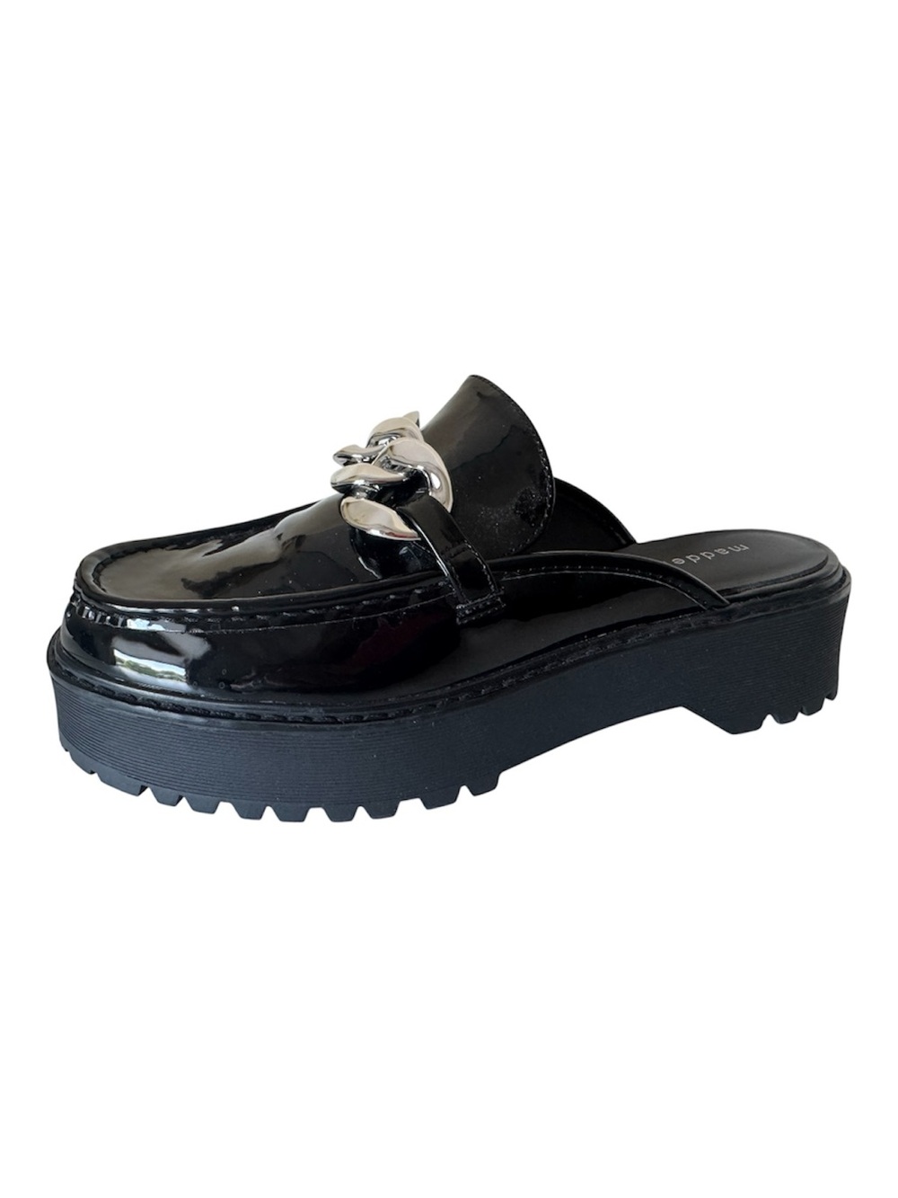 Madden Girl Black Patent Platform Chain-Trim Mules